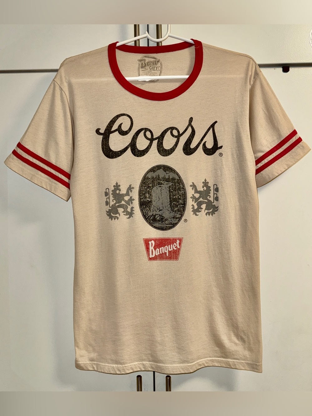 Coors Banquet Vintage-Style Striped Graphic Ringer Tee - Cream with Red Trim
